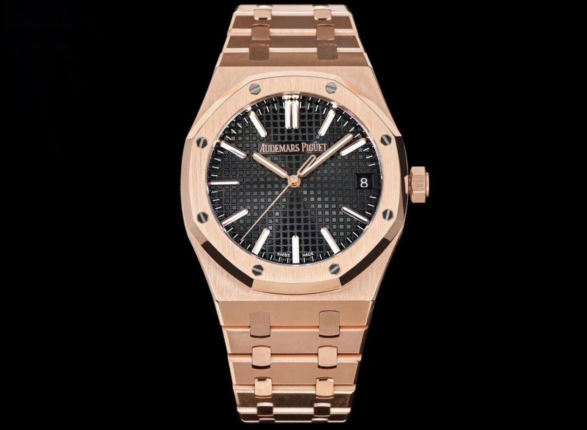 Kolekcija B Ref. RO-102 — Rose gold izvedba, crni brojčanik s datumom — vidljivi mehanizam kroz poklopac